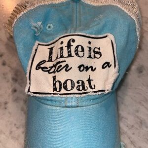 “Life is better on a BOAT” Silver and teal distressed Mesh Cap